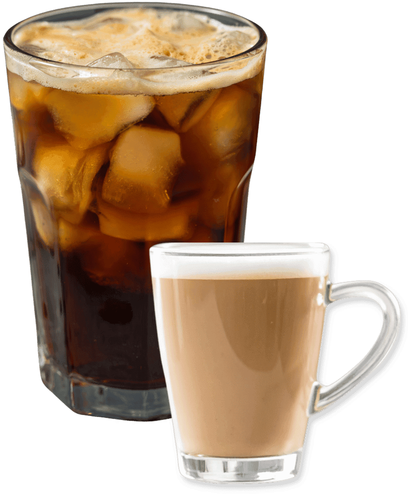 Iced coffee and a steamed latte